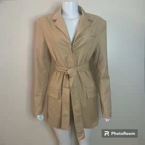 Khaki hidden button belted blazer romper with shoulder pads oversized fit